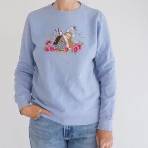 Vintage Basic Editions Blue Cat Birdhouse Embroidered Sweatshirt Cottagecore M